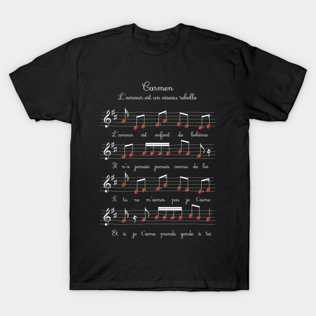 Carmen Opera Roses Music Sheet Artwork Georges Bizet T-Shirt by Rozbud